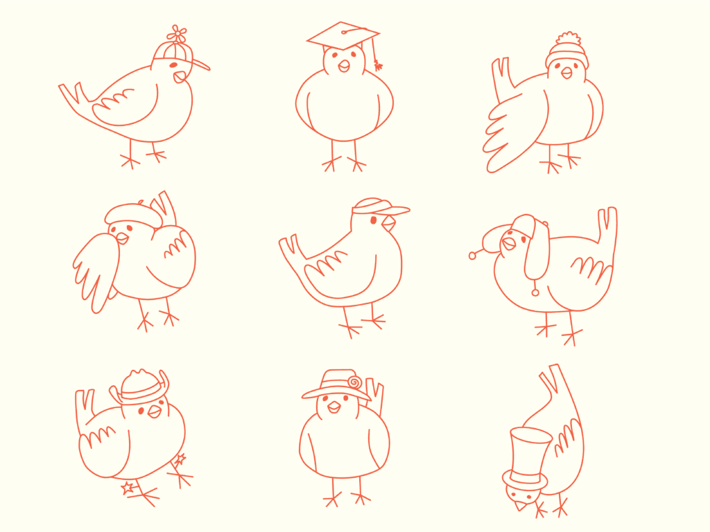 9 line drawings of canaries wearing different hats
