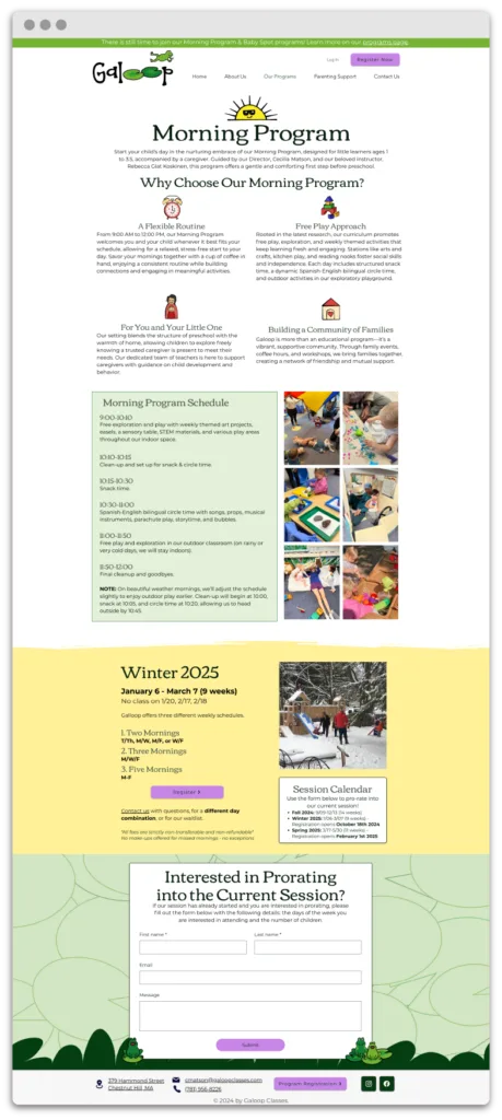 Galoop's Morning Program service page screencap designed with Wix