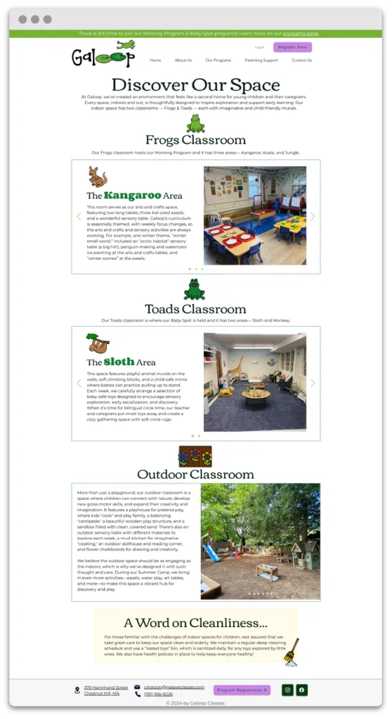 Galoop classrooms page screencap designed with Wix