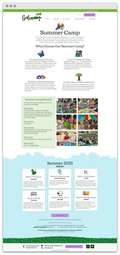 Galoop's Summer Camp service page screencap designed with Wix