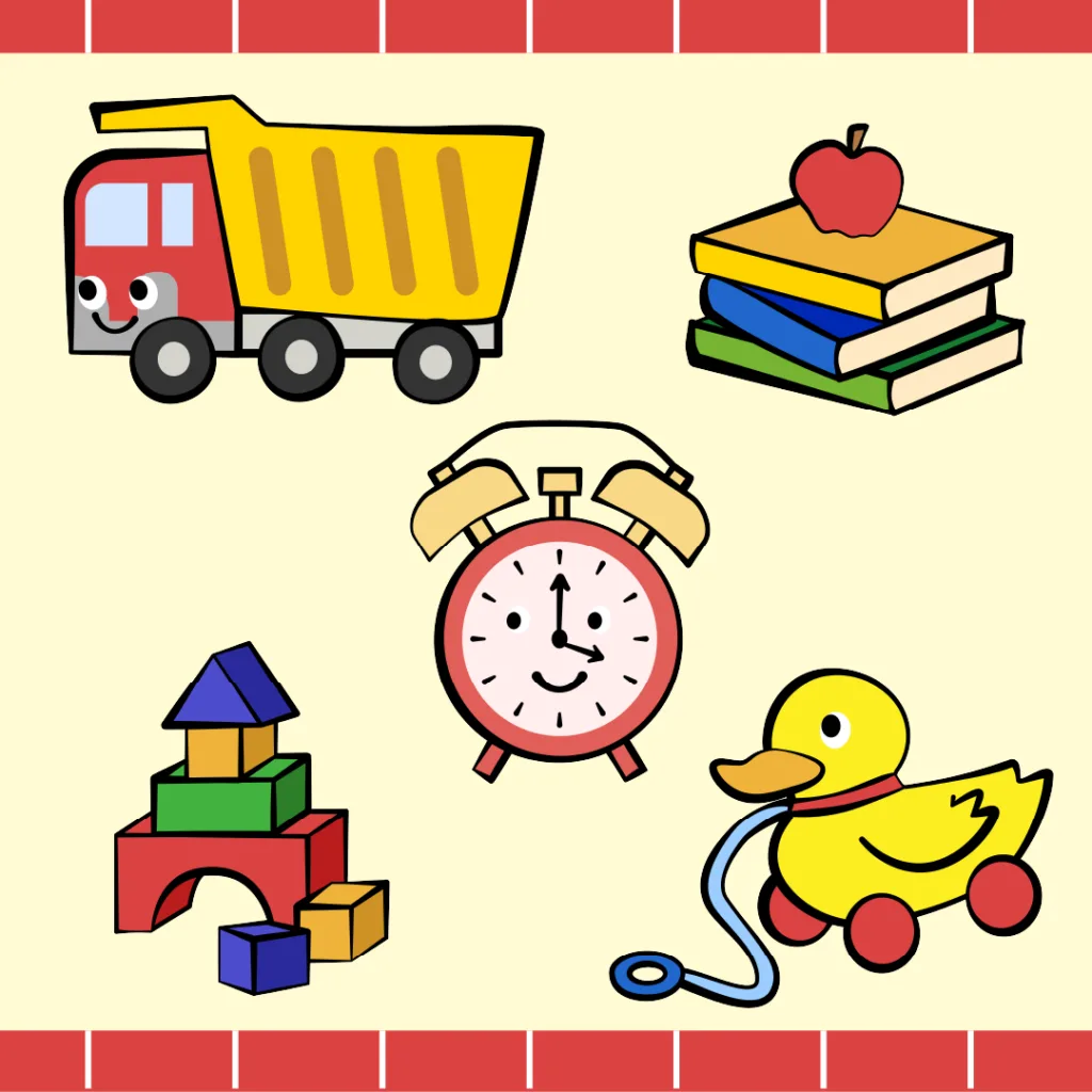 toy themed icons, building blocks, truck, books, clock