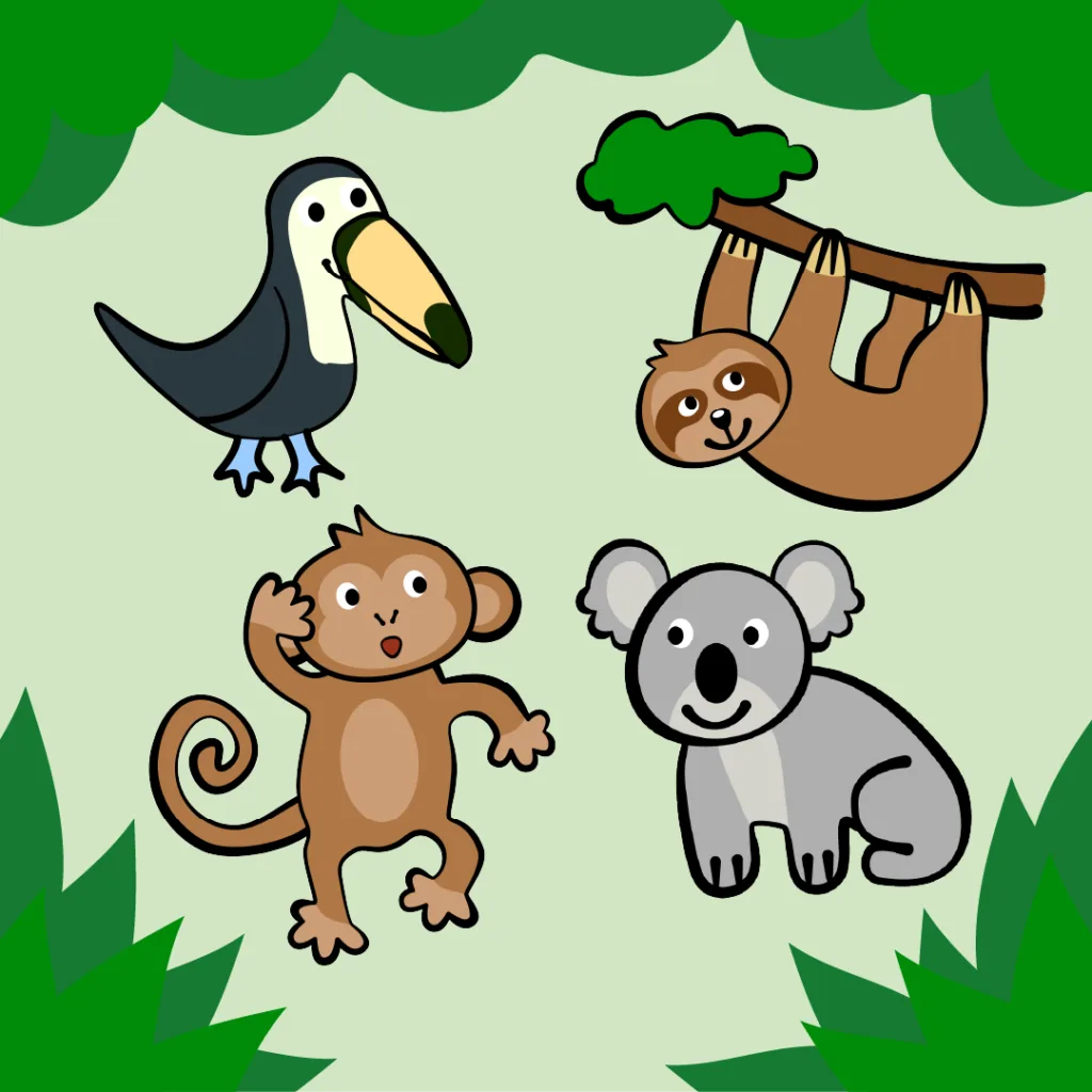 jungle animal illustrations, toucan, sloth, monkey, koala