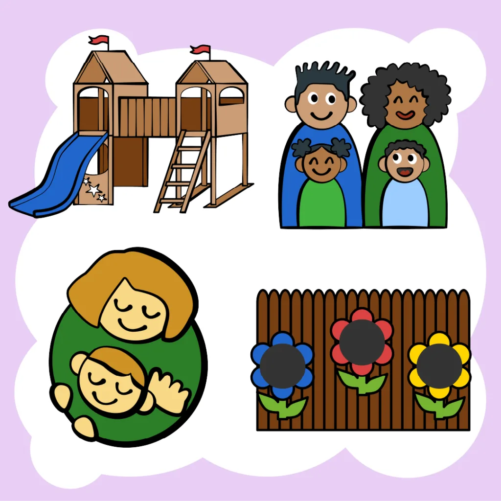 children themed icons, playground, family, hugging child