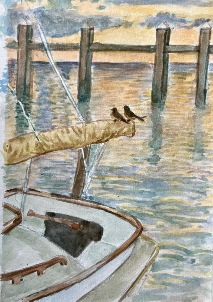 watercolor painting of two swallows on a boat's boom