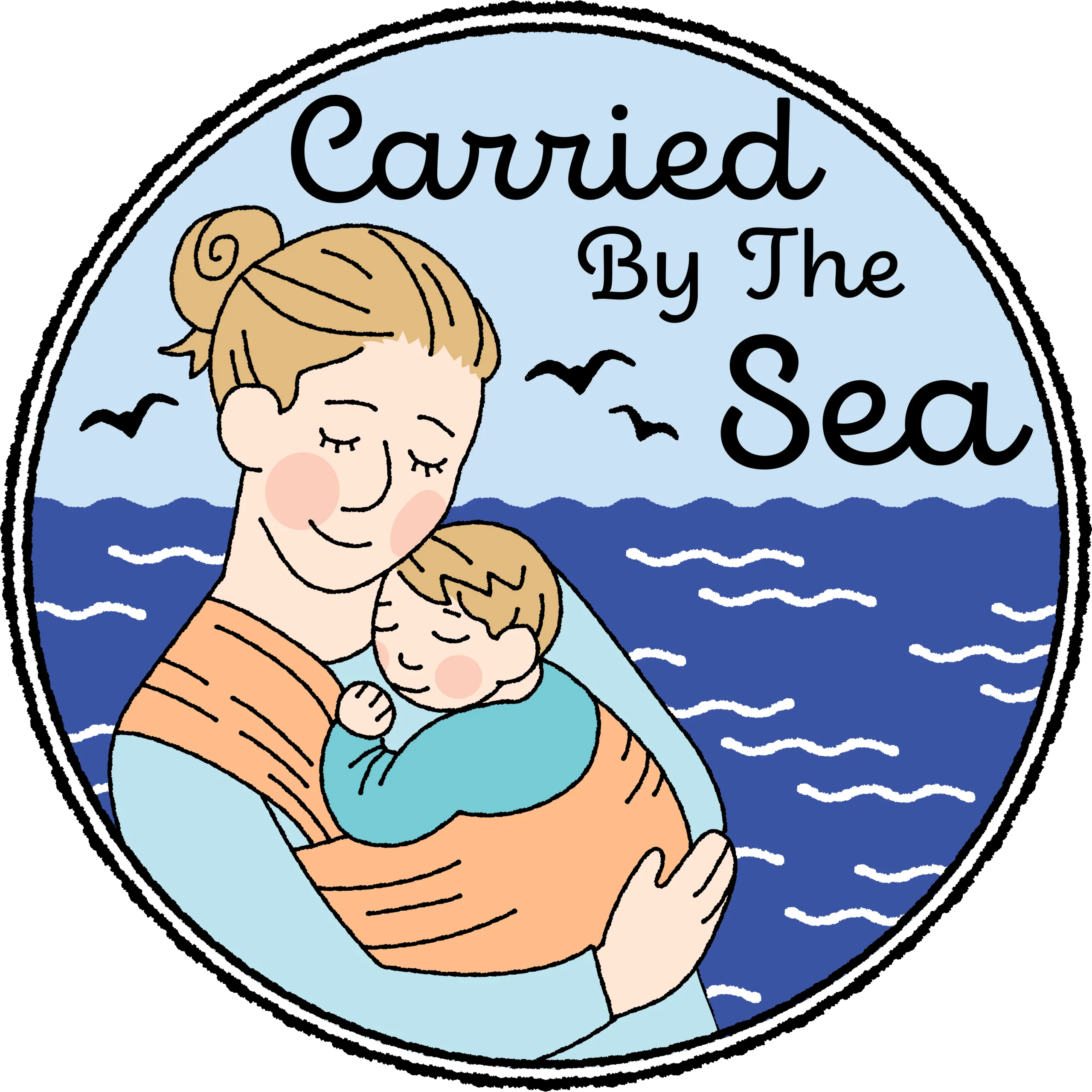 mother and baby in sling by seaside illustration
